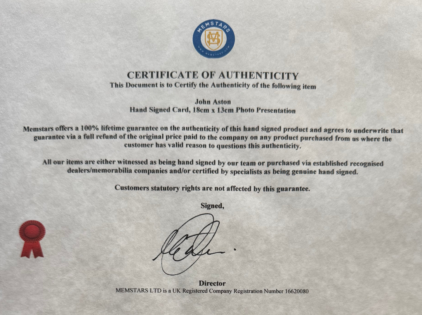 John Aston, Manchester United Legend, Hand Signed Mounted Card Presentation & COA