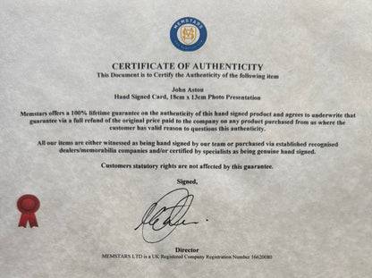 John Aston, Manchester United Legend, Hand Signed Mounted Card Presentation & COA