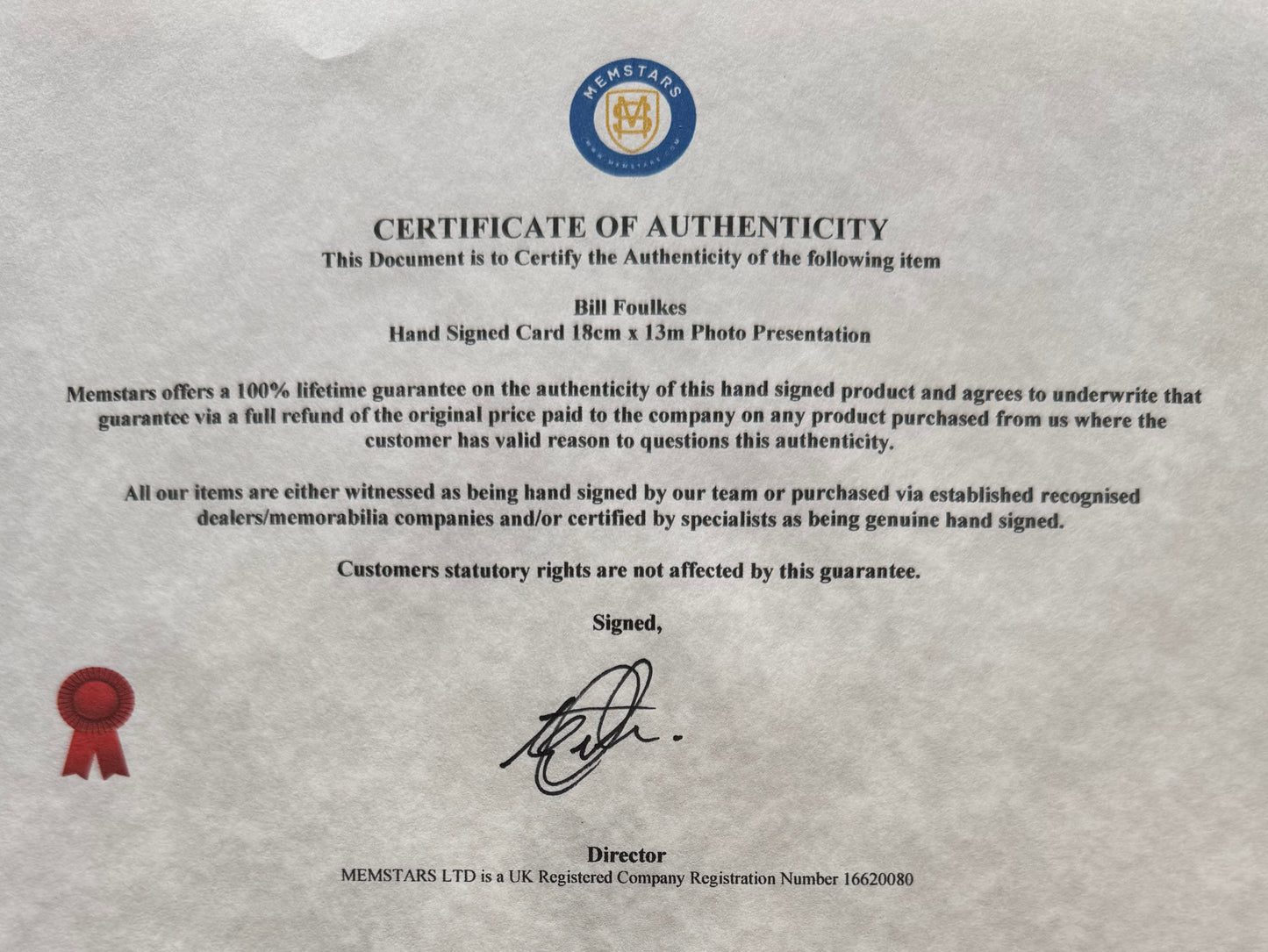 Bill Foulkes, Manchester United Legend, Hand Signed Mounted Card Presentation & COA