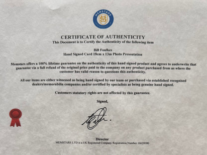 Bill Foulkes, Manchester United Legend, Hand Signed Mounted Card Presentation & COA