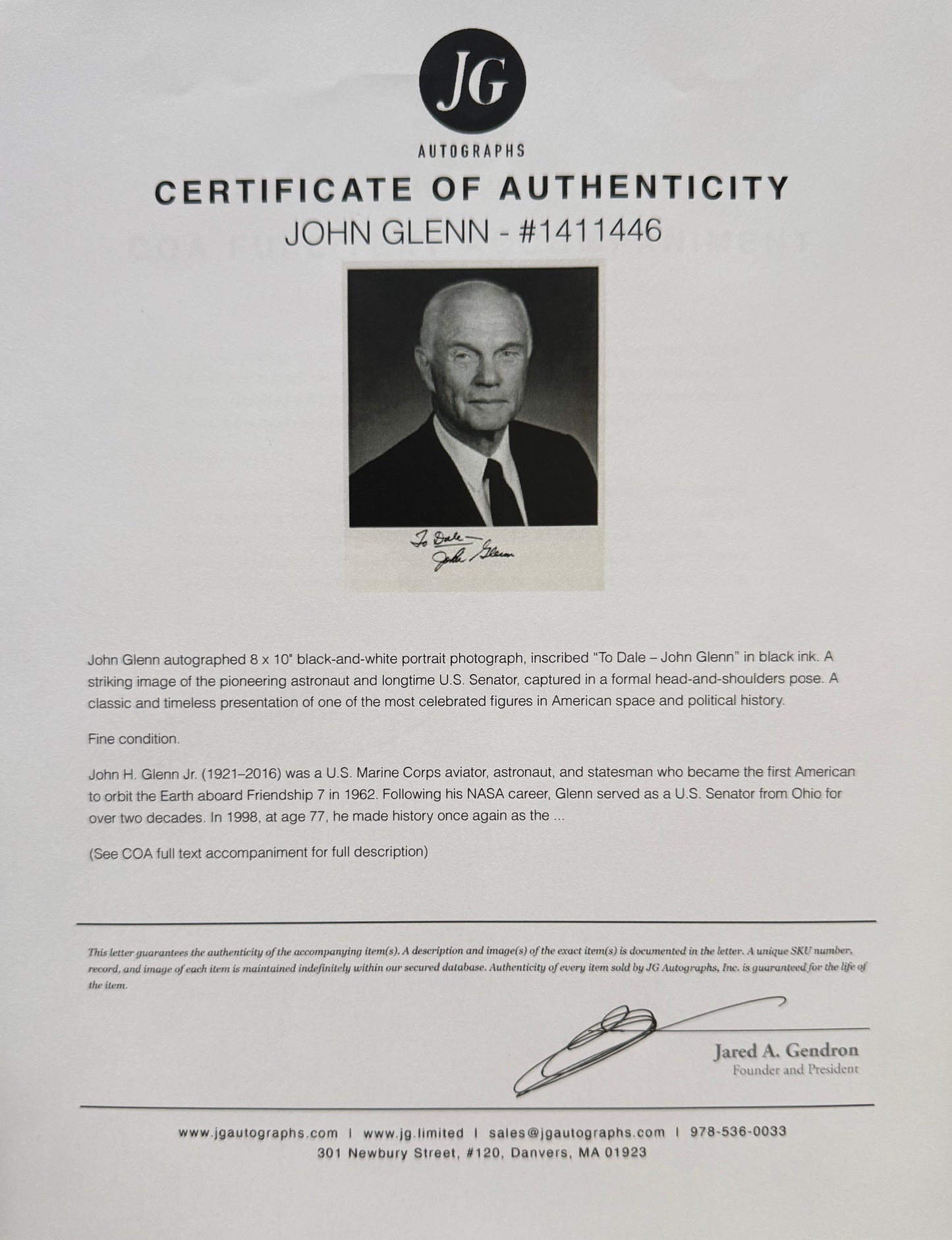 John Glenn, NASA Astronaut, Businessman, Politician, Hand Signed Photo & COA