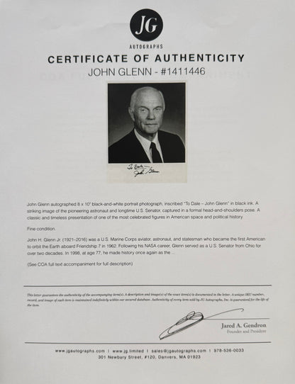 John Glenn, NASA Astronaut, Businessman, Politician, Hand Signed Photo & COA