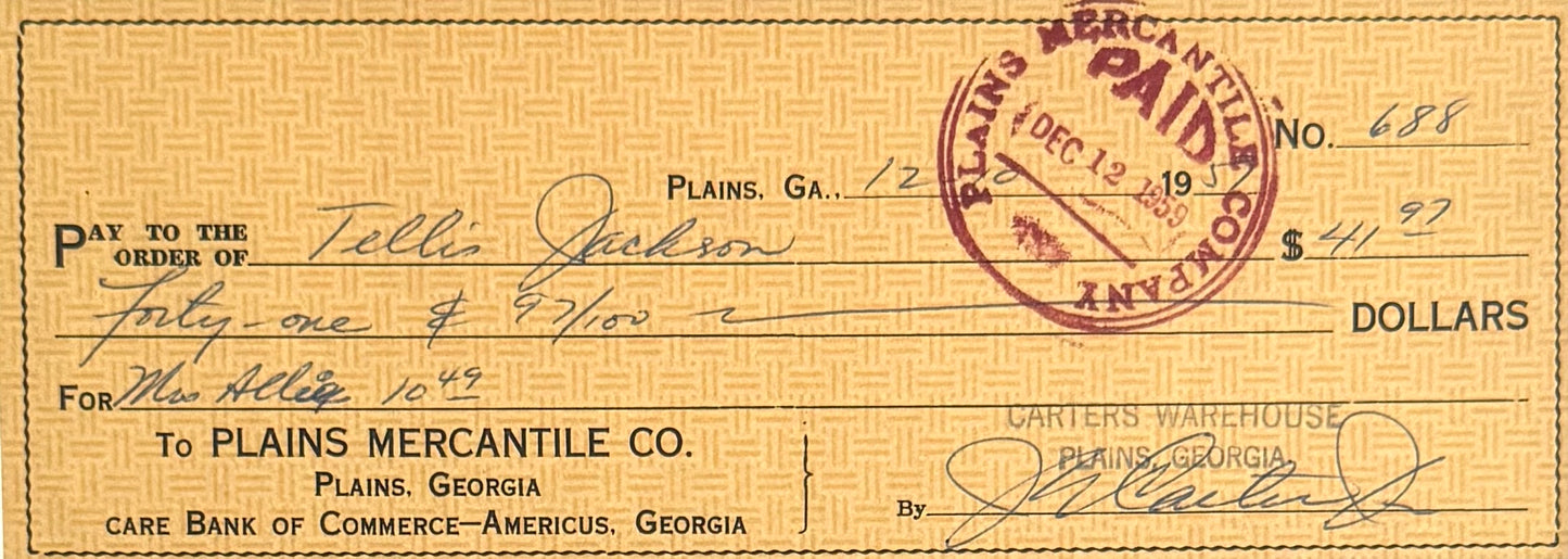 Jimmy Carter, Former President, Hand Signed Cheque Presentation, & Reznikoff COA