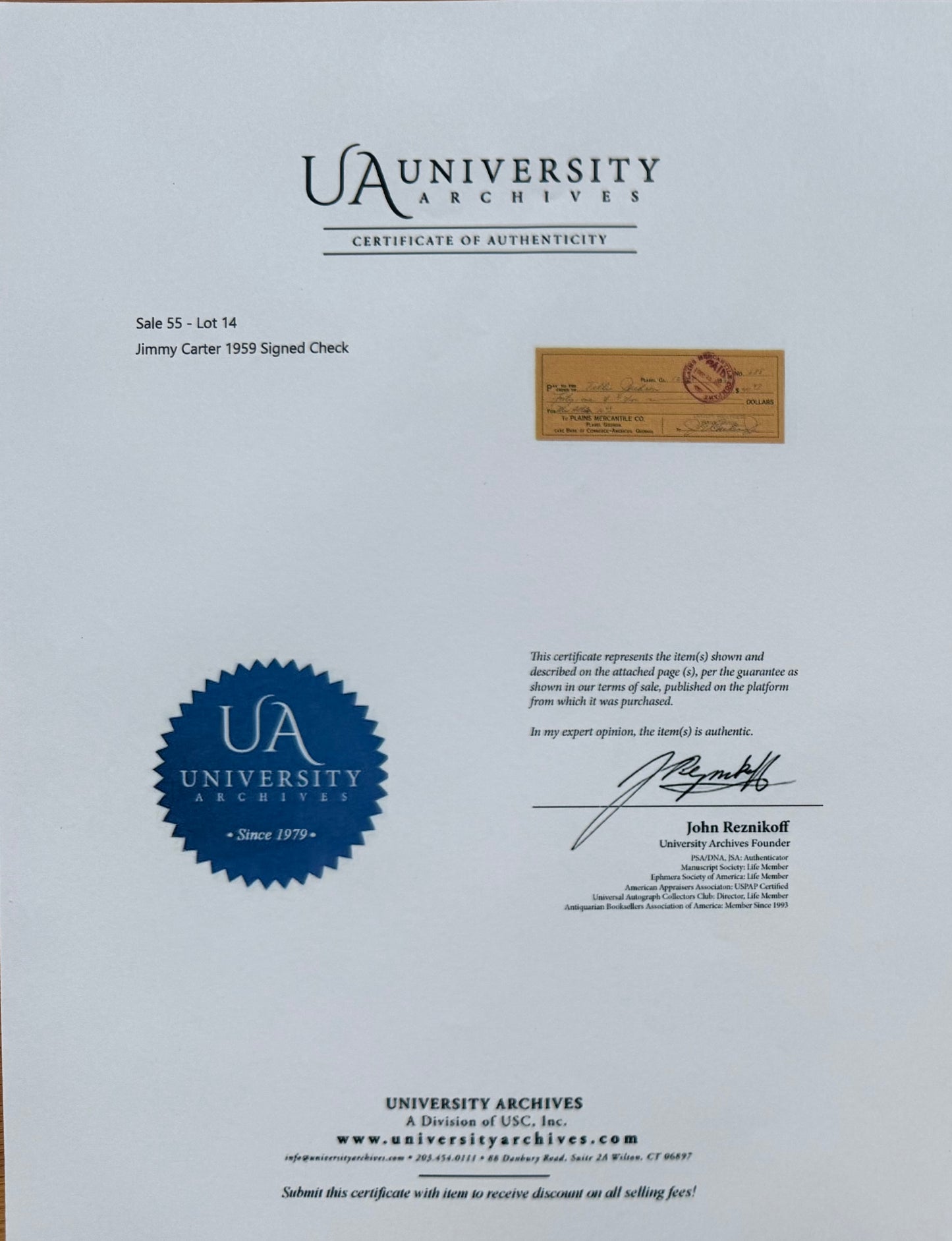 Jimmy Carter, Former President, Hand Signed Cheque Presentation, & Reznikoff COA