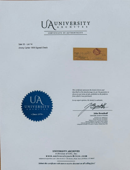 Jimmy Carter, Former President, Hand Signed Cheque Presentation, & Reznikoff COA