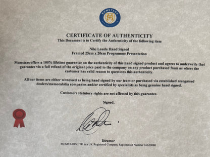 Niki Lauda, Former Ferrari F1 Champion, Hand Signed Official 'Lauda Air' Programme Presentation & COA