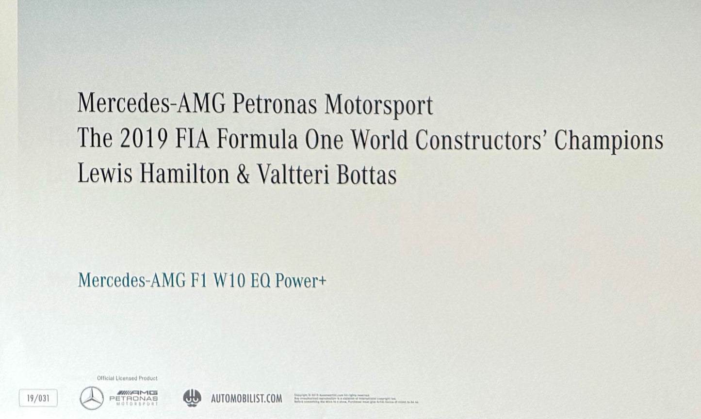 Official Mercedes, 2019 World Champions, Formula One, 70cm x 50cm Automobilist Poster