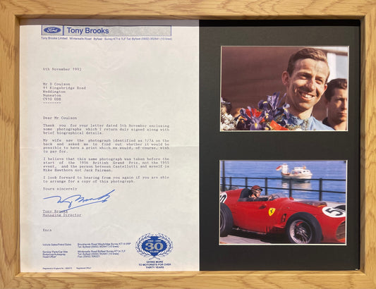 TONY BROOKS FORMER F1 WORLD CHAMPION HAND SIGNED LETTER PRESENTATION WITH COA