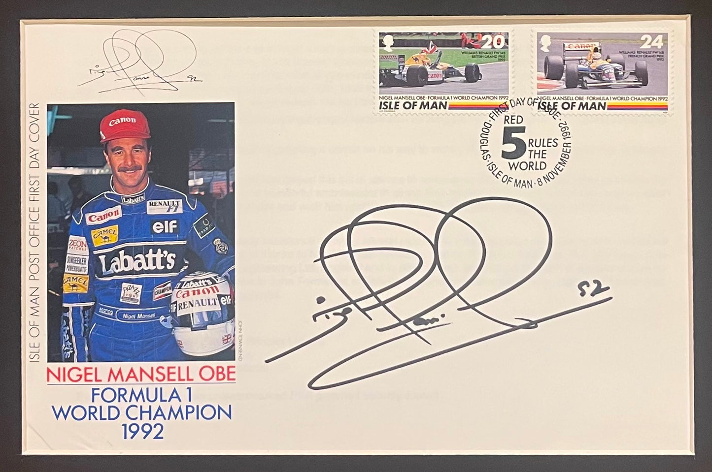 NIGEL MANSELL HAND SIGNED FRAMED (16' X 12') FIRST DAY COVER PRESENTATION WITH COA