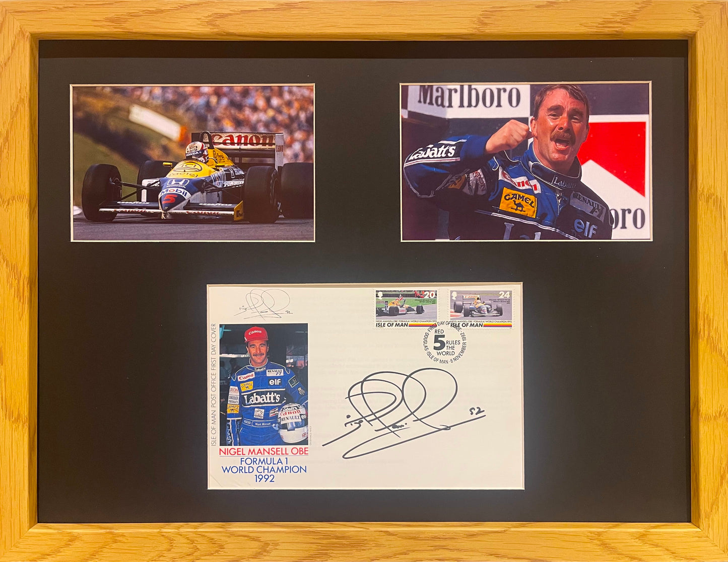 NIGEL MANSELL HAND SIGNED FRAMED (16' X 12') FIRST DAY COVER PRESENTATION WITH COA