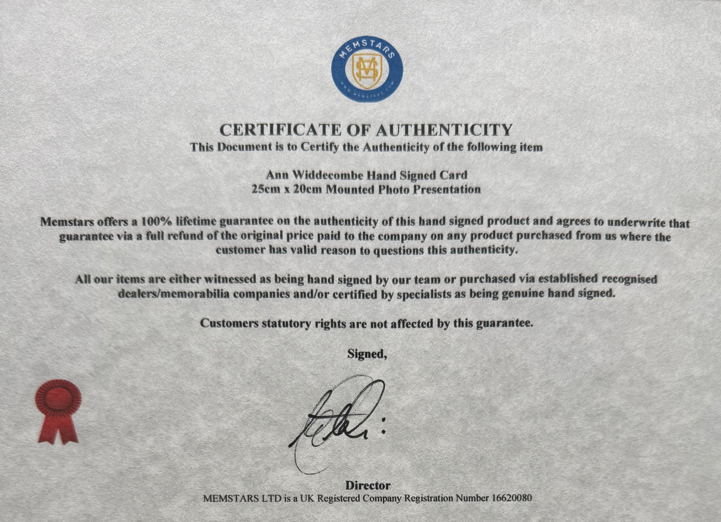 Ann Widdecombe, Former British Minister Hand Signed Card, Photo Presentation & COA