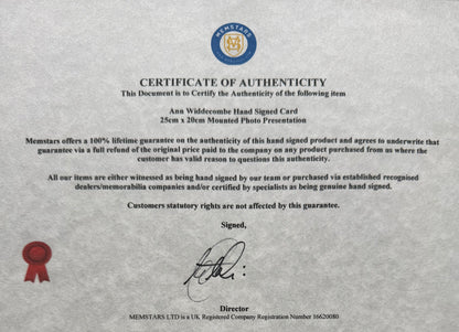 Ann Widdecombe, Former British Minister Hand Signed Card, Photo Presentation & COA