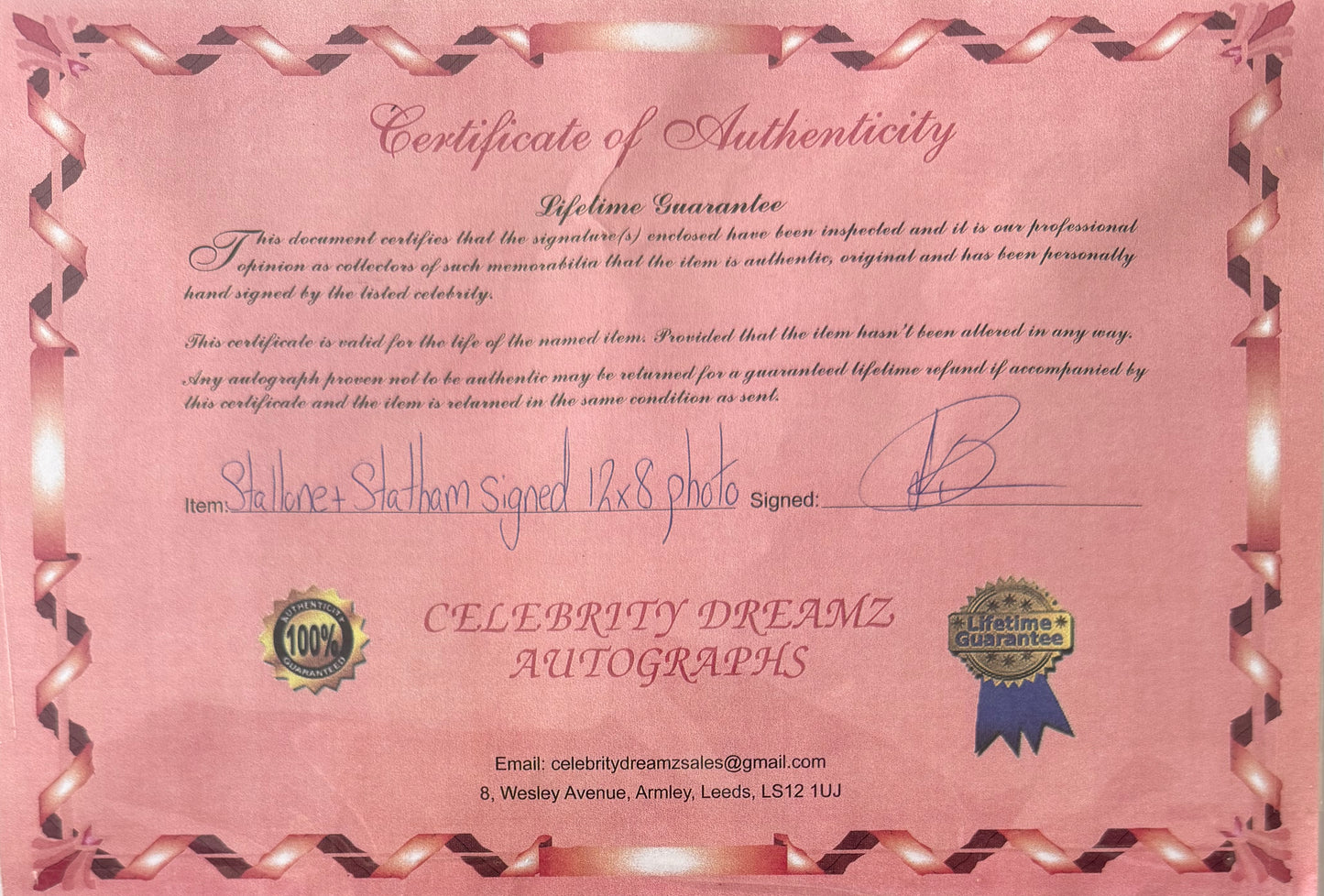Sylvester Stallone, Jason Statham, Guaranteed Hand Signed Mounted 'The Expendables' Presentation & COA
