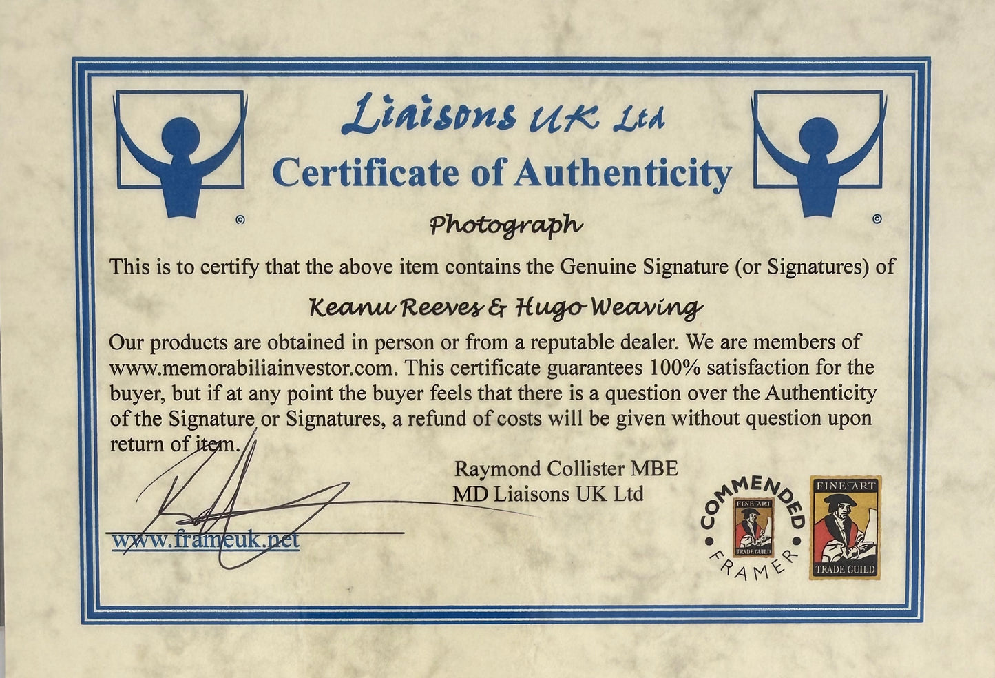 Keanu Reeves, Hugo Weaving, Hand Signed Framed 'Matrix' Mini Poster & COA