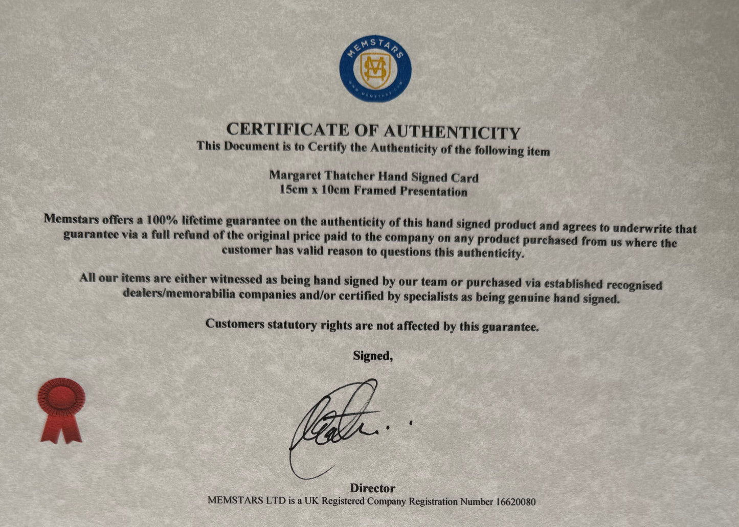 Margaret Thatcher British Prime Minister Hand Signed Card, Photo Presentation & COA