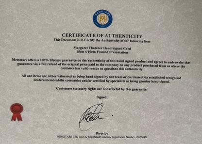 Margaret Thatcher British Prime Minister Hand Signed Card, Photo Presentation & COA