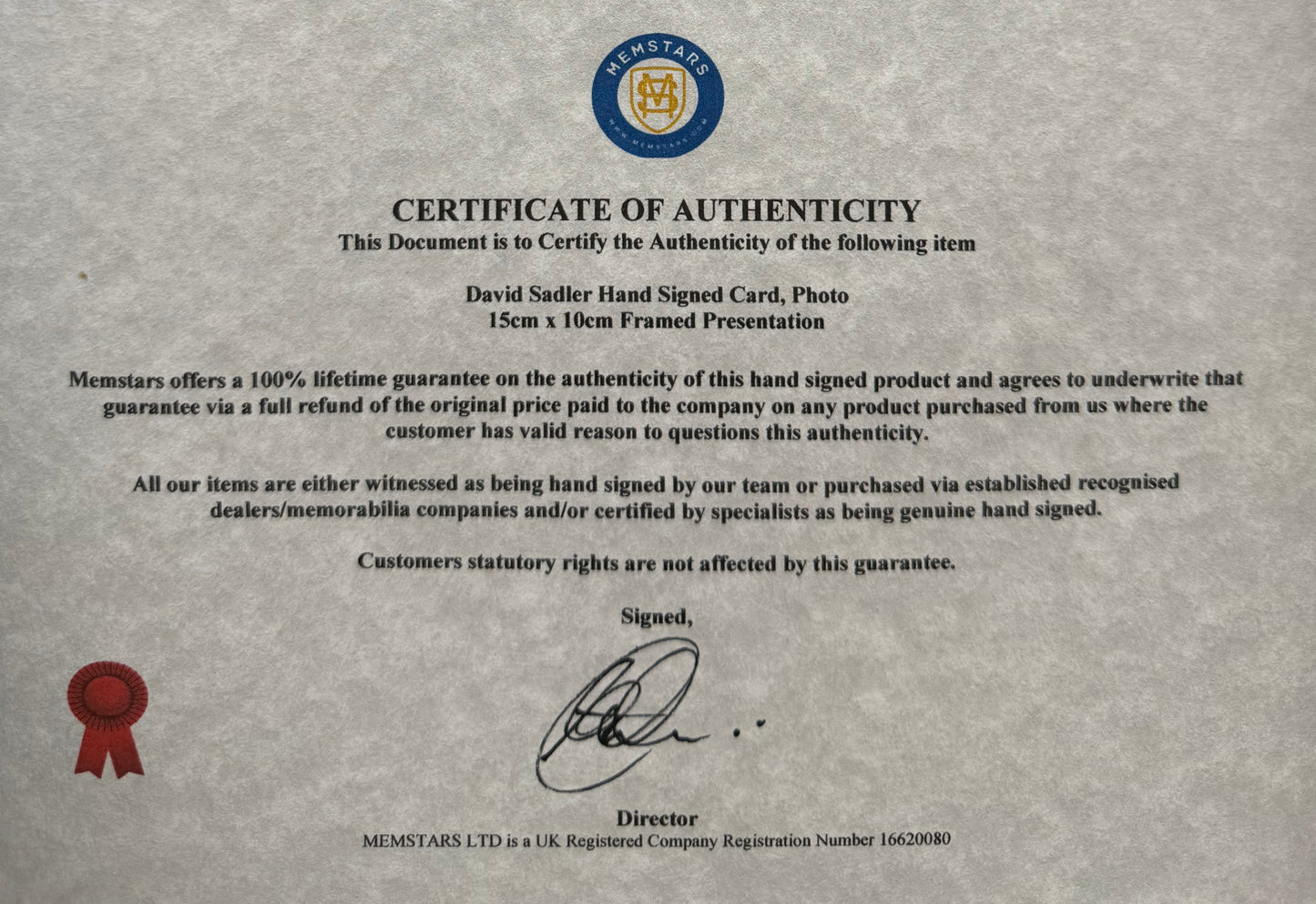 David Sadler, Manchester United, Hand Signed Mounted Card Presentation, 15cm x 10cm & COA