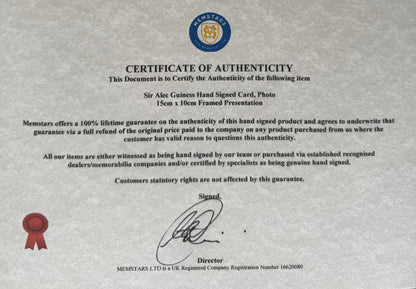Sir Alec Guiness, Actor, Hand Signed Card With Photo Presentation & COA