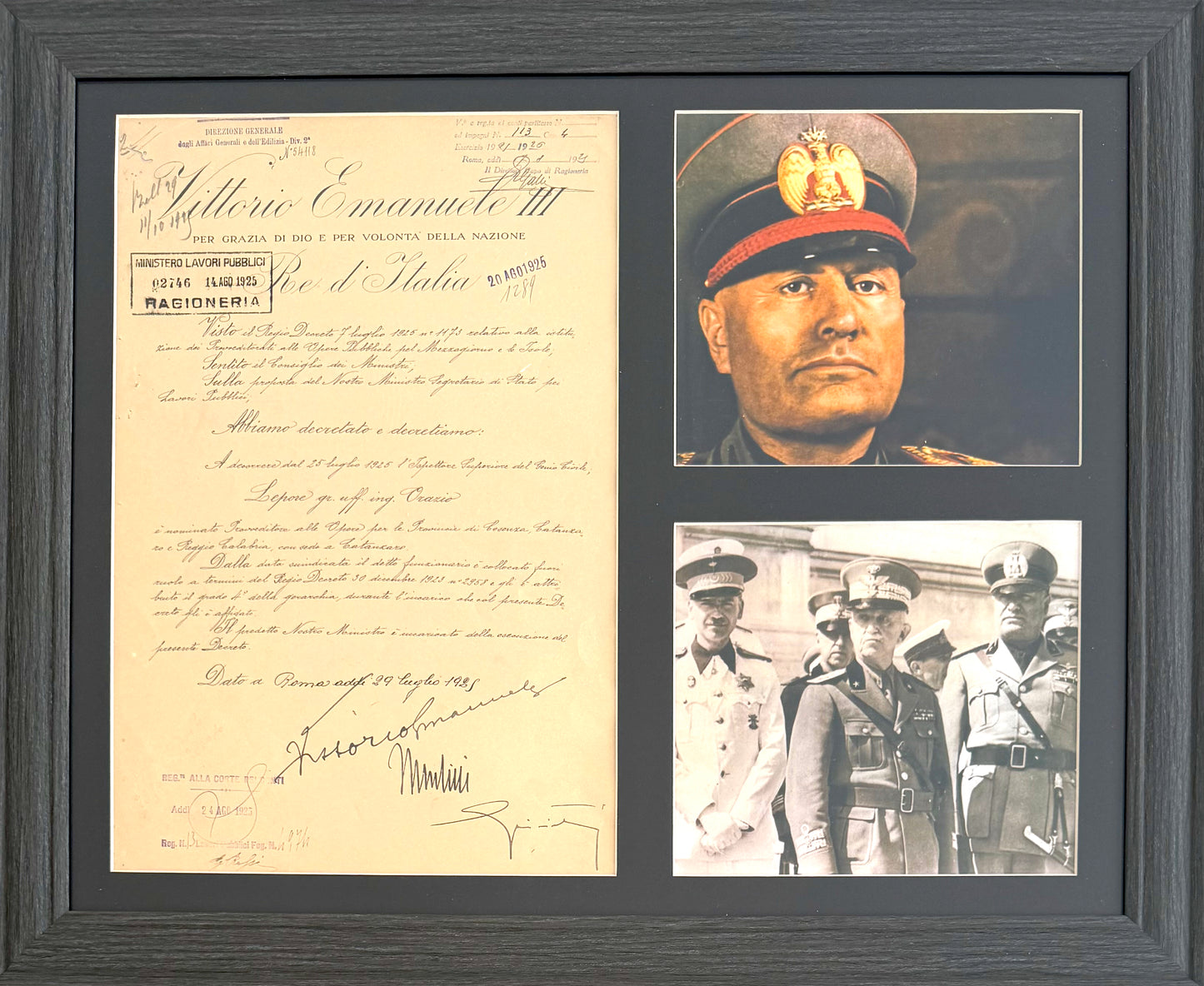 Benito Mussolini, Former Italian WWII Fascist Dictator, King Vitotio Emanuele III Hand Signed Warrant & COA