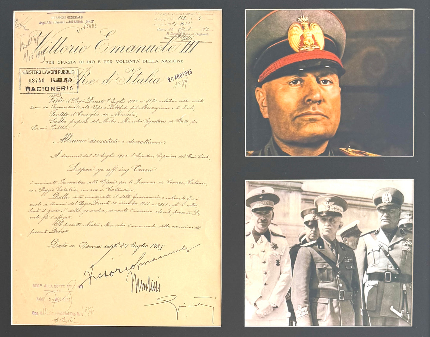 Benito Mussolini, Former Italian WWII Fascist Dictator, King Vitotio Emanuele III Hand Signed Warrant & COA