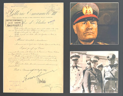 Benito Mussolini, Former Italian WWII Fascist Dictator, King Vitotio Emanuele III Hand Signed Warrant & COA