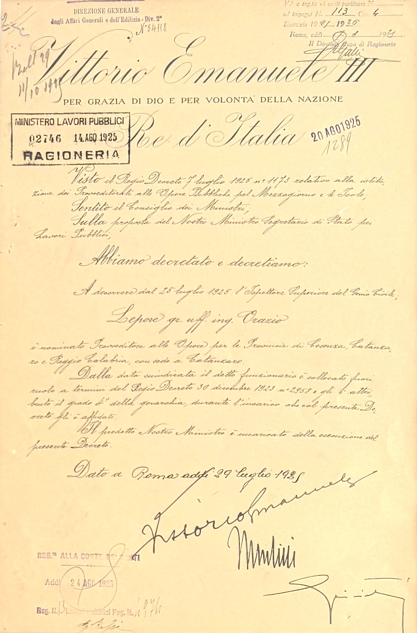 Benito Mussolini, Former Italian WWII Fascist Dictator, King Vitotio Emanuele III Hand Signed Warrant & COA