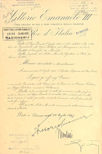Benito Mussolini, Former Italian WWII Fascist Dictator, King Vitotio Emanuele III Hand Signed Warrant & COA