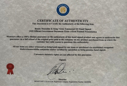 Benito Mussolini, Former Italian WWII Fascist Dictator, King Vitotio Emanuele III Hand Signed Warrant & COA