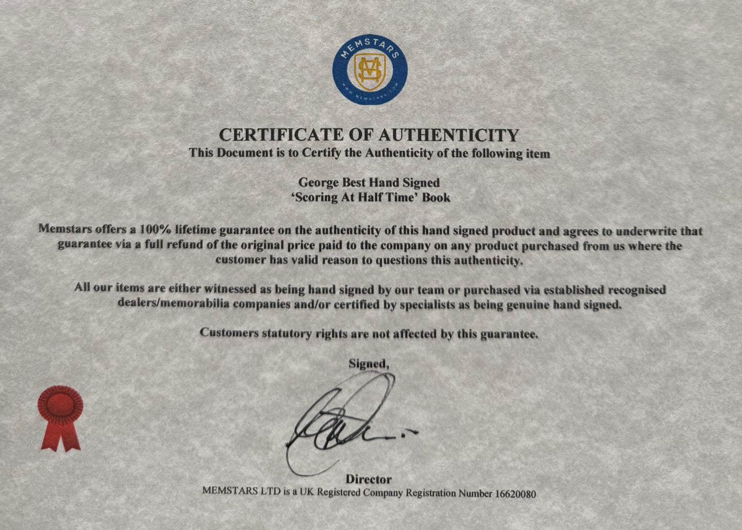 George Best, Manchester United Legend, Guaranteed Hand Signed 'Scoring At Half Time’ Book & COA