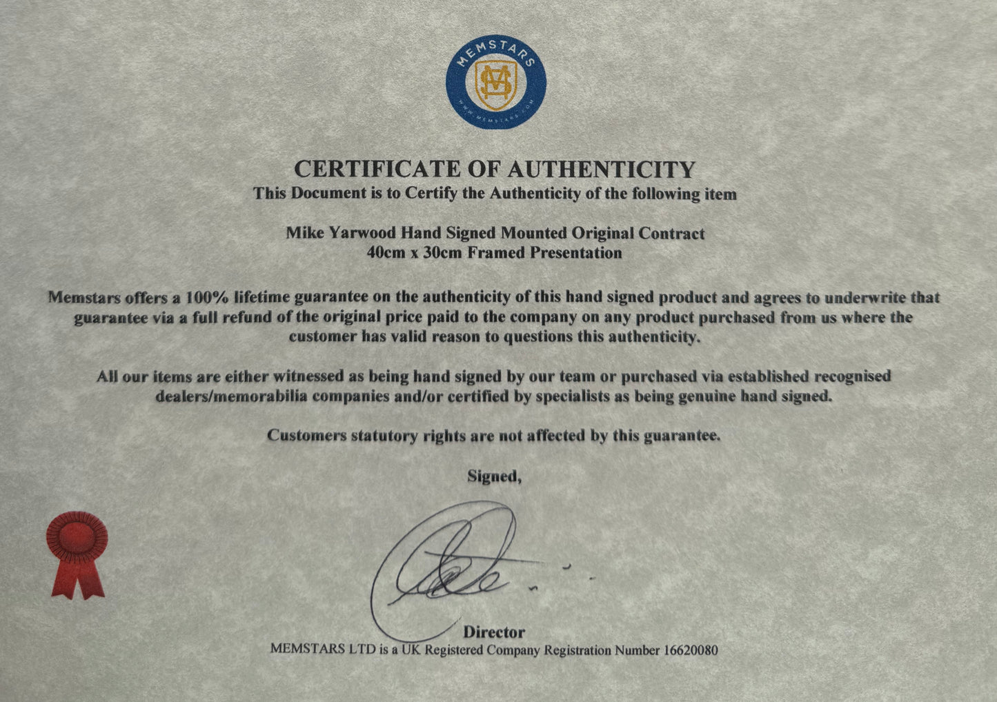 Mike Yarwood, Hand Signed Original Contract, 40cm x 30cm Presentation & COA