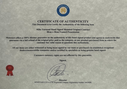 Mike Yarwood, Hand Signed Original Contract, 40cm x 30cm Presentation & COA