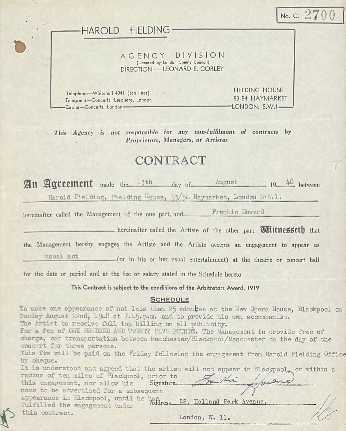Frankie Howerd, Hand Signed Original Contract, 40cm x 30cm Presentation & COA