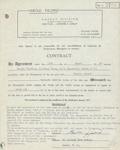 Frankie Howerd, Hand Signed Original Contract, 40cm x 30cm Presentation & COA