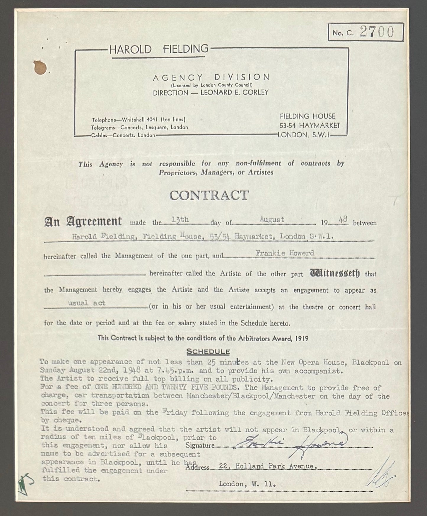 Frankie Howerd, Hand Signed Original Contract, 40cm x 30cm Presentation & COA