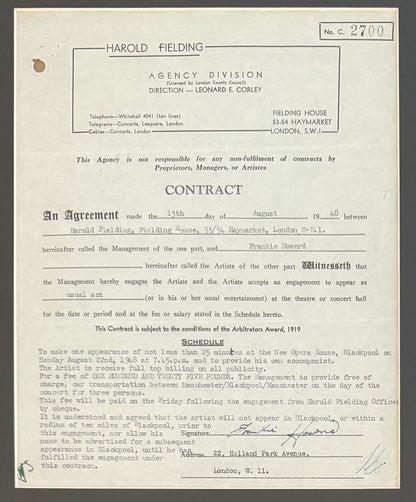 Frankie Howerd, Hand Signed Original Contract, 40cm x 30cm Presentation & COA