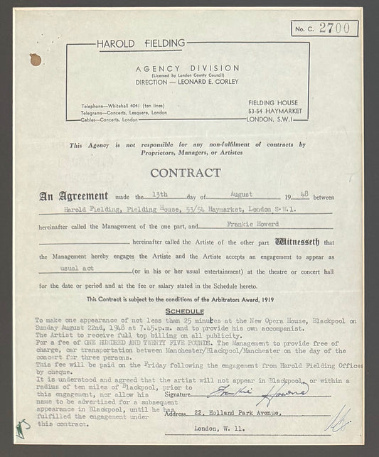 Frankie Howerd, Hand Signed Original Contract, 40cm x 30cm Presentation & COA