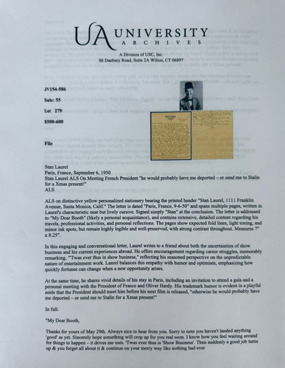 Stan Laurel Hand Signed And Written Letter Presentation & John Reznikoff COA