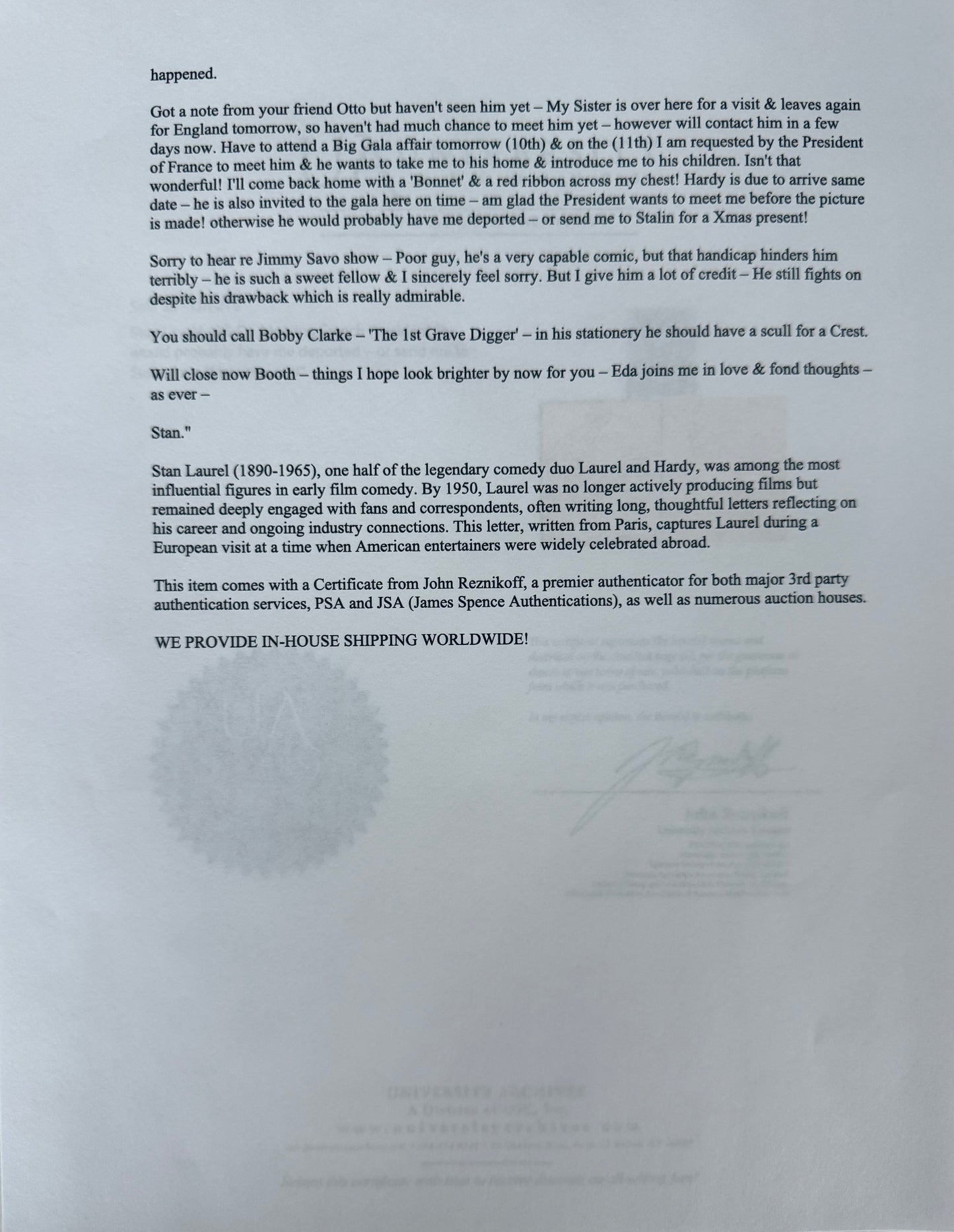 Stan Laurel Hand Signed And Written Letter Presentation & John Reznikoff COA