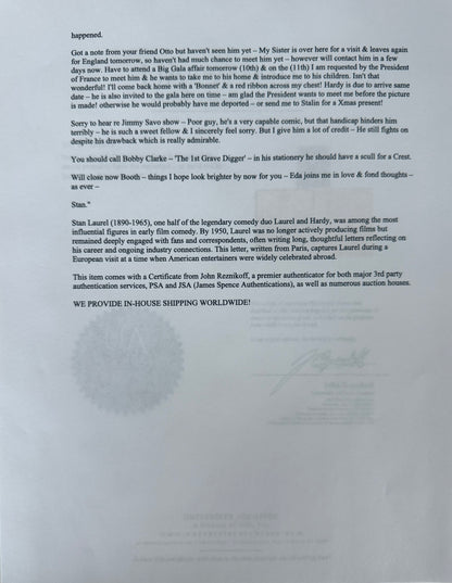 Stan Laurel Hand Signed And Written Letter Presentation & John Reznikoff COA