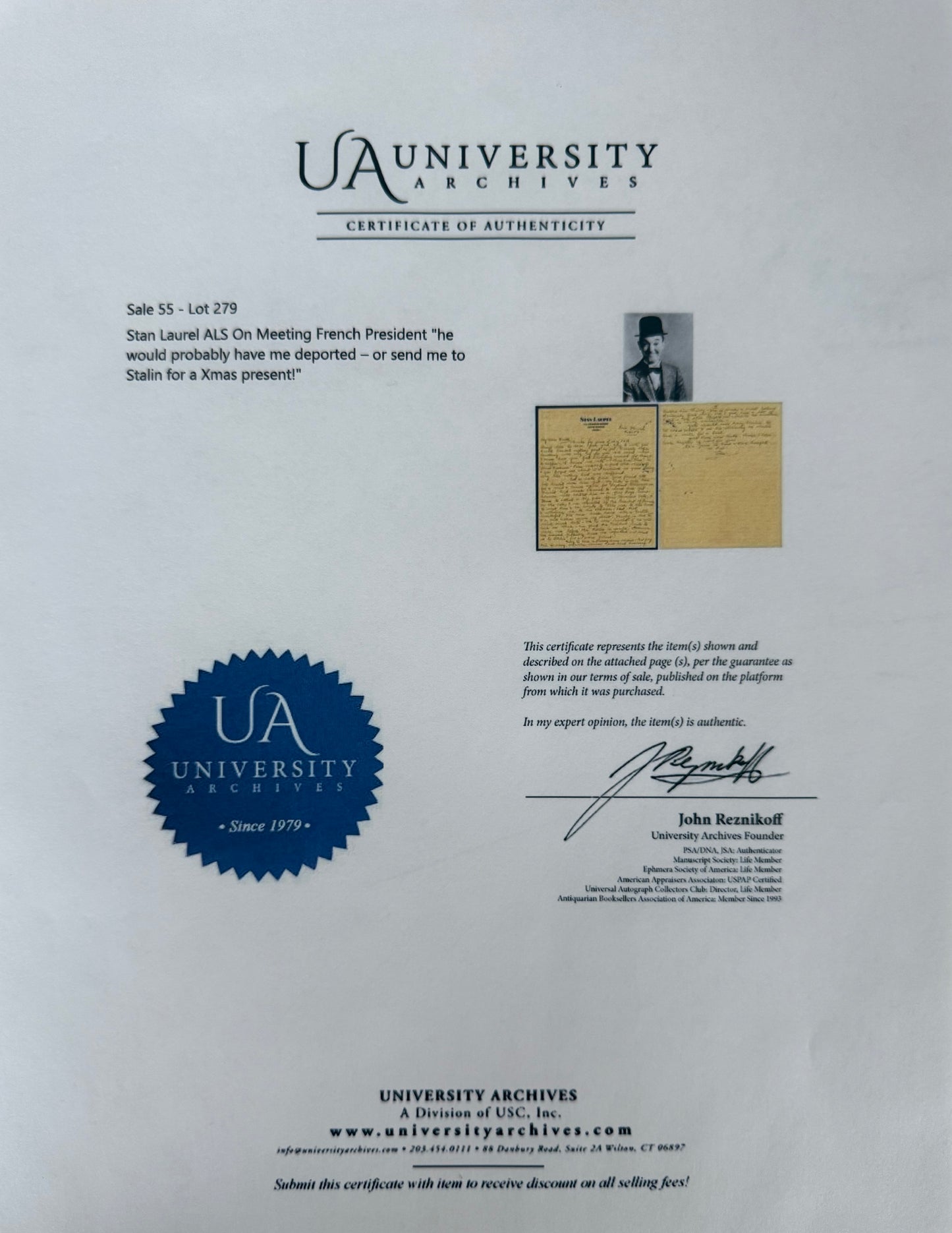 Stan Laurel Hand Signed And Written Letter Presentation & John Reznikoff COA