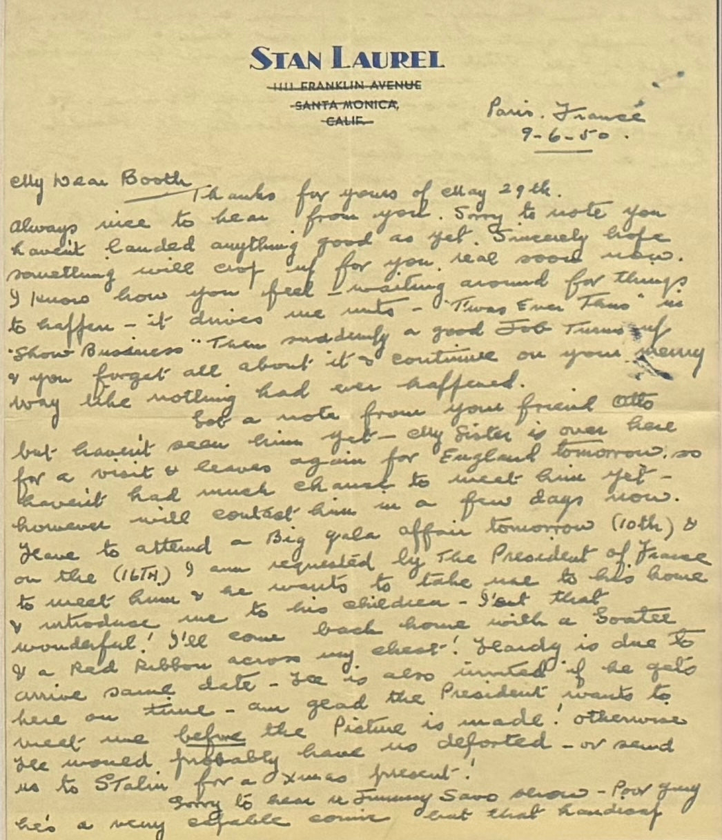 Stan Laurel Hand Signed And Written Letter Presentation & John Reznikoff COA