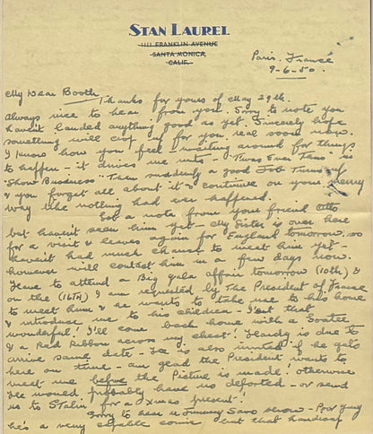 Stan Laurel Hand Signed And Written Letter Presentation & John Reznikoff COA
