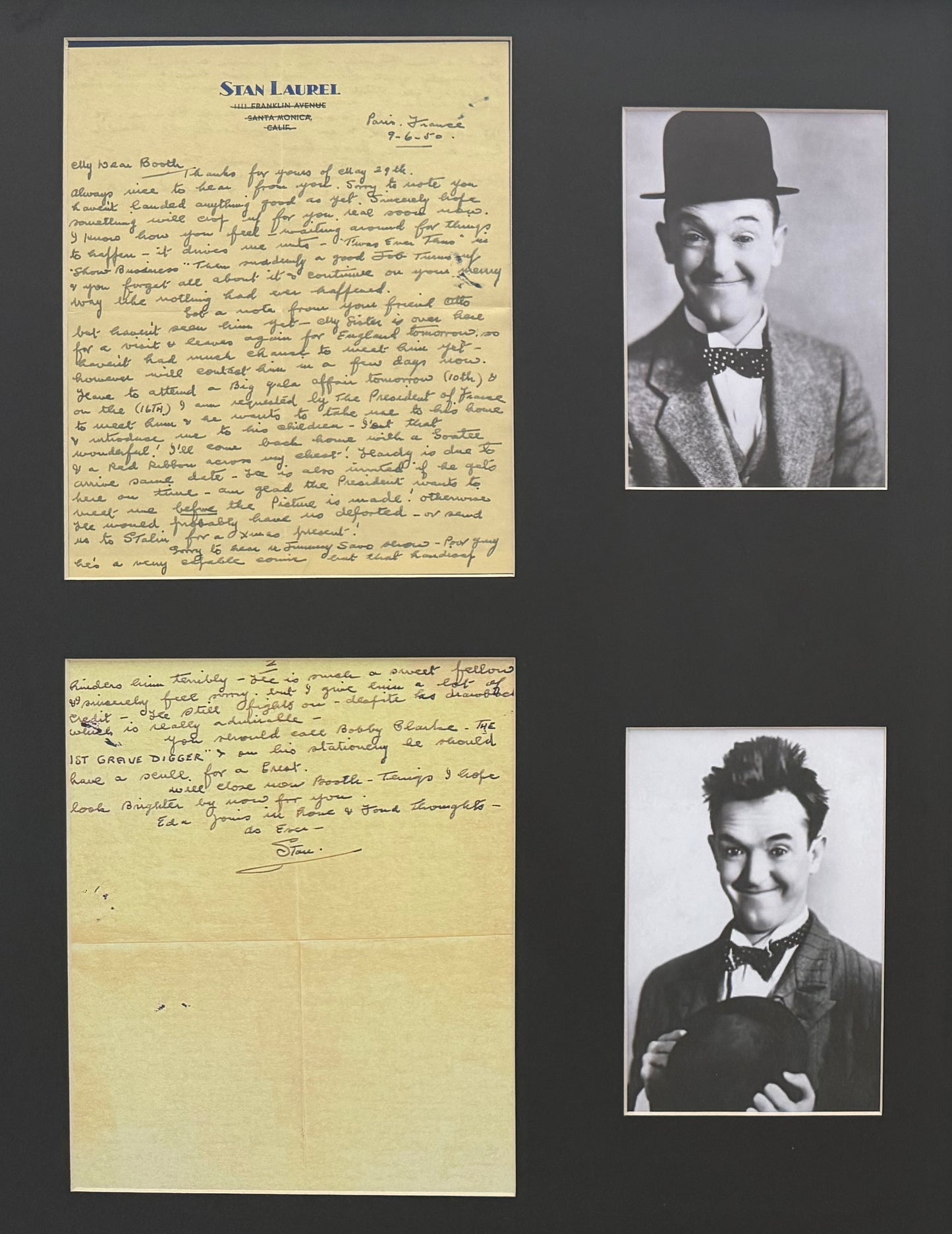 Stan Laurel Hand Signed And Written Letter Presentation & John Reznikoff COA