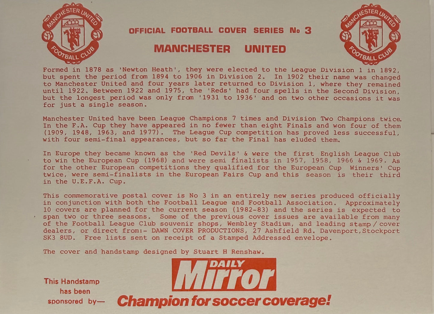 Martin Buchan, Manchester United Legend, Hand Signed FDC Presentation & COA
