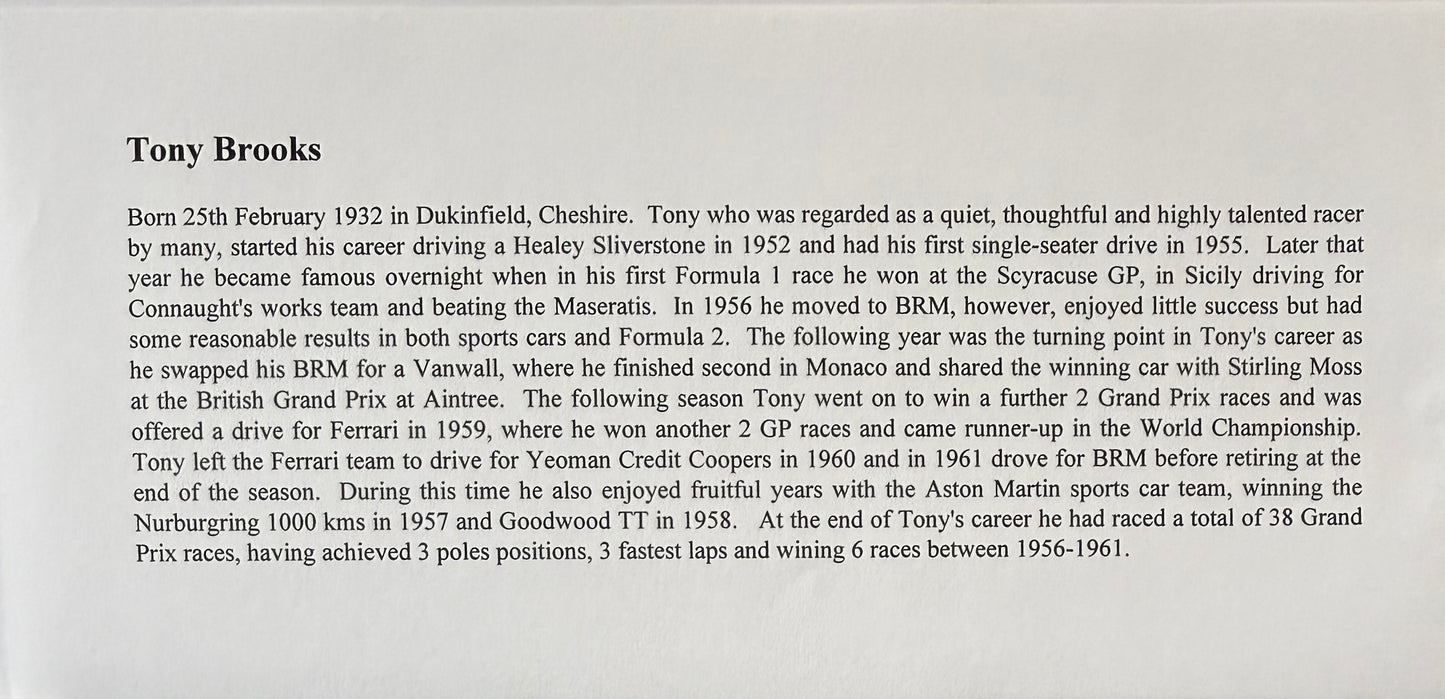 Tony Brooks, Iconic Ferrari Formula 1 Driver, Hand Signed FDC, First Day Cover