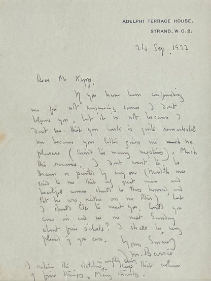 J.M. Barrie, Peter Pan Author,  Guaranteed, Hand Signed Written Letter Presentation With COA