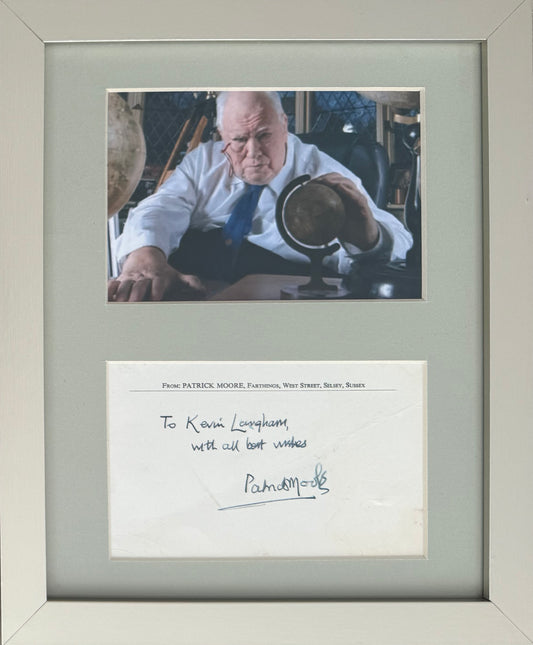 Sir Patrick Moore, Hand Signed Card With Photo Presentation & COA