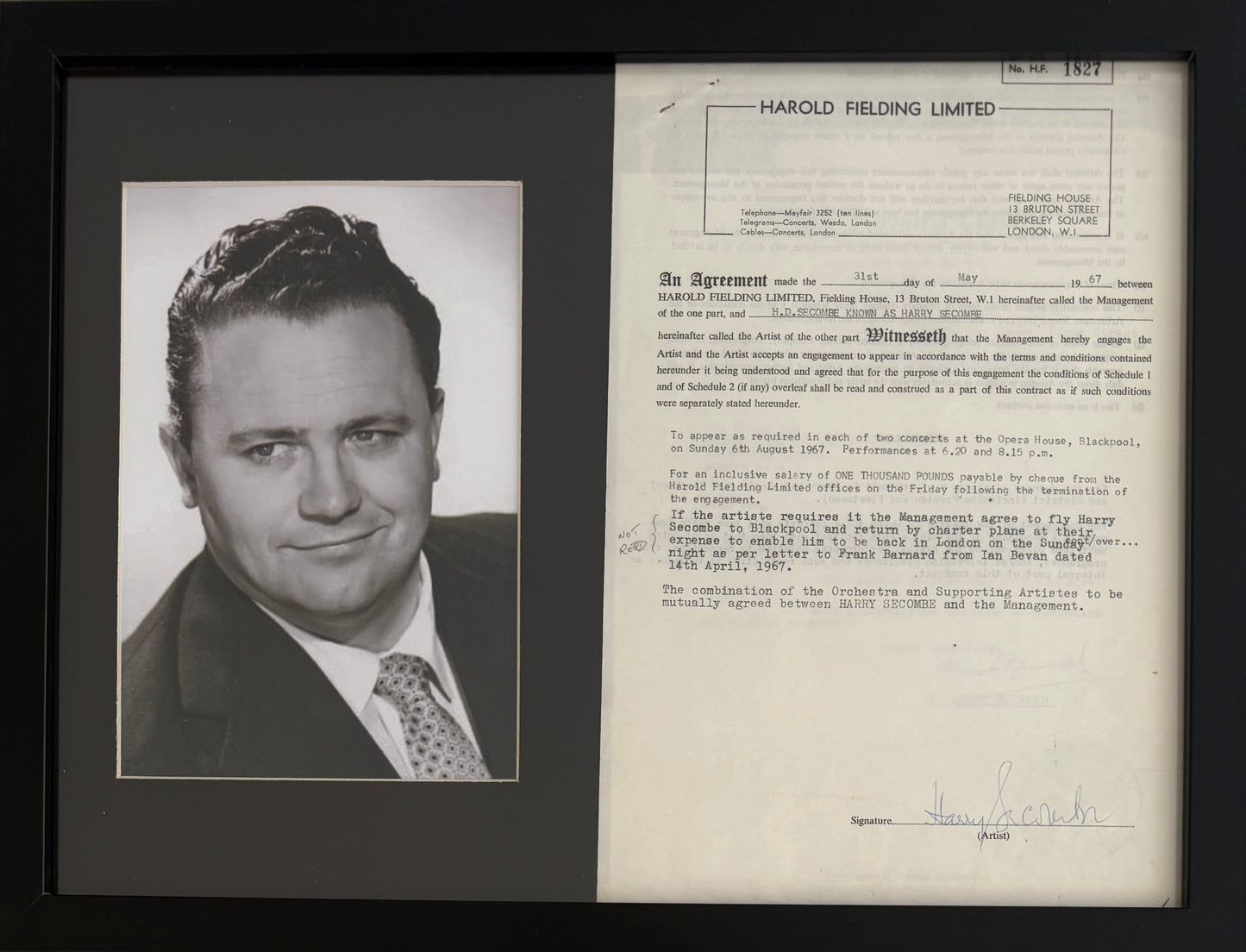 Sir Harry Secombe, Hand Signed Framed 40cm x 30cm Original Contract & COA