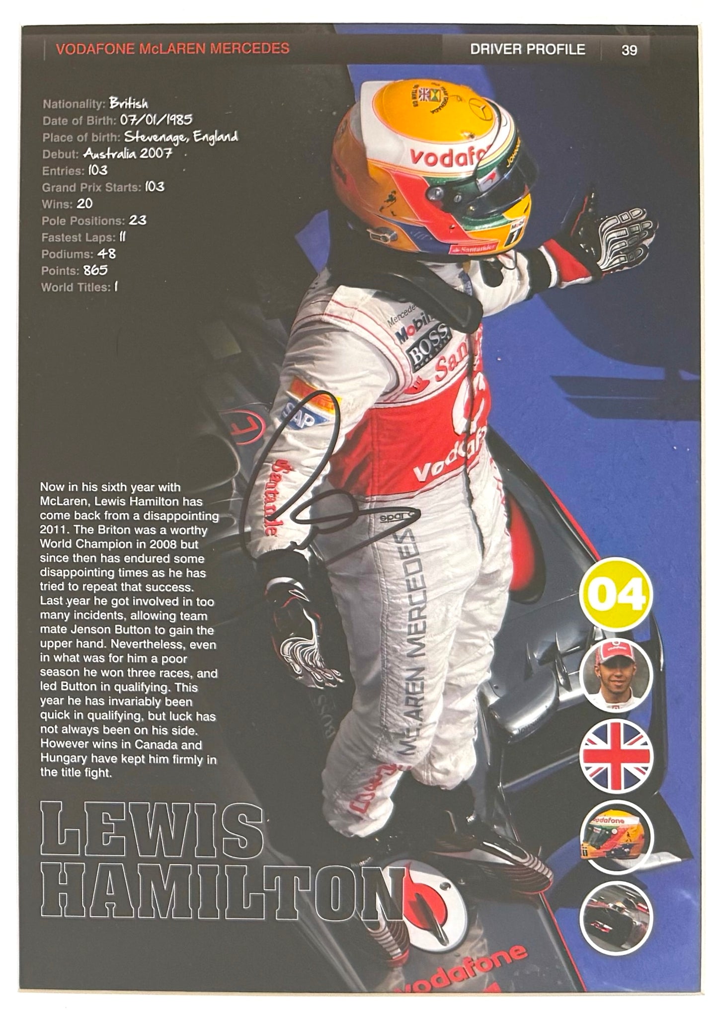 Lewis Hamilton, F1 Mercedes McLaren Legend, Hand Signed Photo & COA