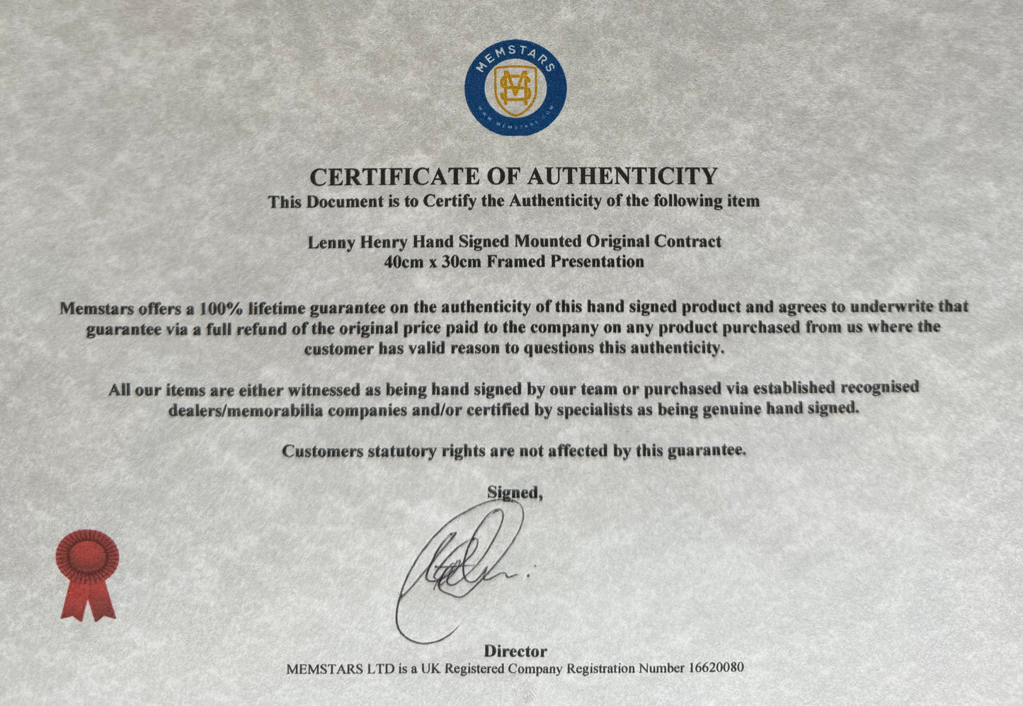 Sir Lenny Henry, Hand Signed Framed 40cm x 30cm Original Contract & COA